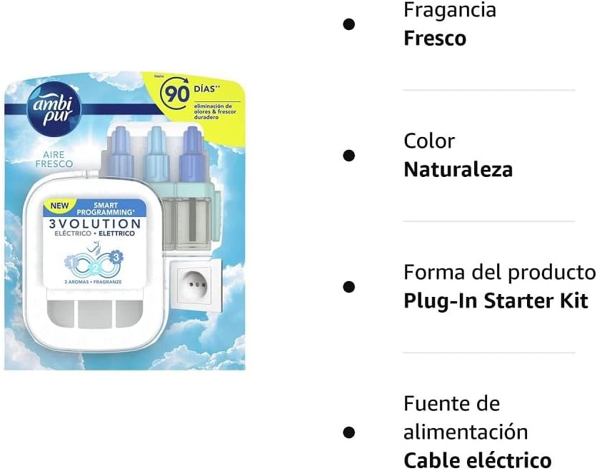 Ambi Pur 3Volution Ambientador Eléctrico Kit Inicial Sky-Aire Fresco. Elimina olores y perfuma tu hogar hasta 90 días con 3 fragancias que se alternan. Ambipur - presentacion