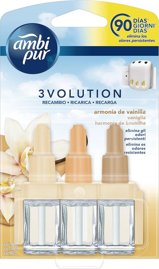 Ambi Pur 3Volution Kit de Inicio con Difusor Eléctrico y Recambio (20 ml) Aroma Vainilla & Bouquet. Elimina olores y refresca el aire de tu hogar hasta 90 días. Ambipur - pack