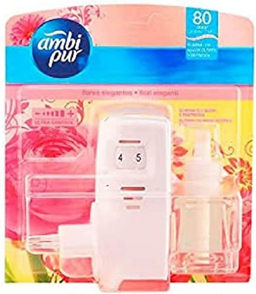 Ambi Pur Kit de Ambientador Eléctrico con fragancia Flores Elegantes. Incluye difusor y recambio de 21,5 ml para eliminar olores y perfumar hasta 80 días. Ambipur - frontal