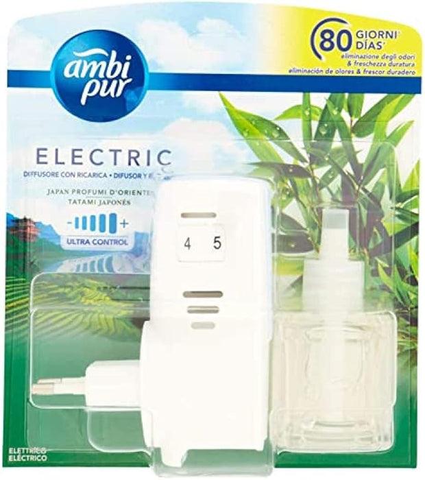 Kit Ambi Pur Ambientador Eléctrico, fragancia Tatami Japonés. Incluye difusor y recambio de 21,5 ml para eliminar olores y perfumar tu hogar hasta 80 días. Ambipur - frontal