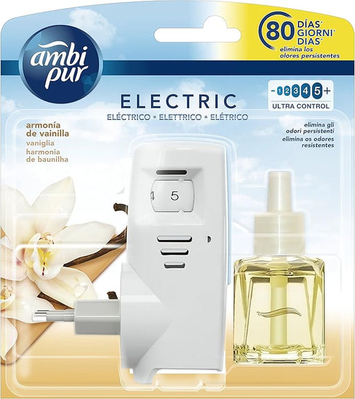Kit Ambi Pur Ambientador Eléctrico, fragancia Vainilla (21,5 ml). Incluye difusor y recambio con tecnología Odourclear para eliminar olores y perfumar hasta 80 días. Ambipur - frontal