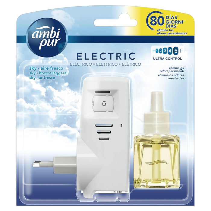 Kit Completo Ambi Pur Ambientador Eléctrico con fragancia Sky (21,5 ml). Un perfume unisex, fresco y original para eliminar olores y crear un ambiente único. Ambipur - pack