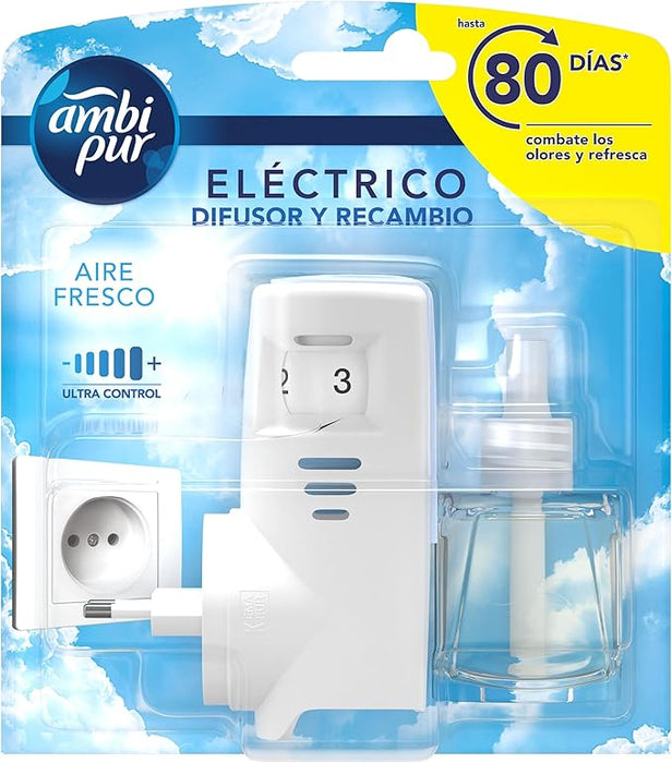 Kit Completo Ambi Pur Ambientador Eléctrico con fragancia Sky (21,5 ml). Un perfume unisex, fresco y original para eliminar olores y crear un ambiente único. Ambipur - zoom