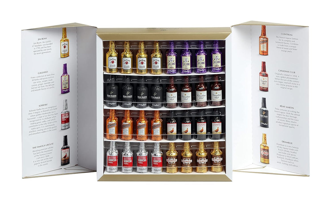 Anthon Berg Caja de Regalo con 64 Botellitas de Chocolate Negro Rellenas de Licor. Un surtido de 1kg con las mejores marcas de bebidas espirituosas para una experiencia gourmet. Anthon Berg - detalle