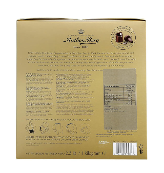 Anthon Berg Caja de Regalo con 64 Botellitas de Chocolate Negro Rellenas de Licor. Un surtido de 1kg con las mejores marcas de bebidas espirituosas para una experiencia gourmet. Anthon Berg - ingredientes