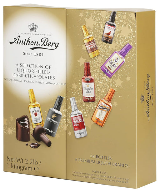 Anthon Berg Caja de Regalo con 64 Botellitas de Chocolate Negro Rellenas de Licor. Un surtido de 1kg con las mejores marcas de bebidas espirituosas para una experiencia gourmet. Anthon Berg - pack