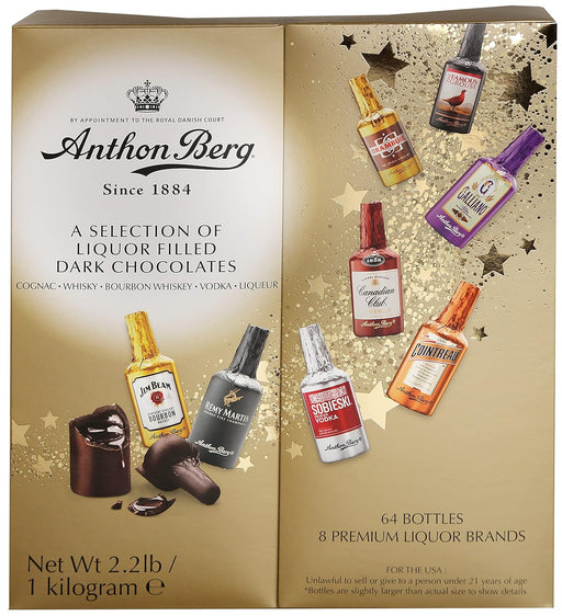 Anthon Berg Caja de Regalo con 64 Botellitas de Chocolate Negro Rellenas de Licor. Un surtido de 1kg con las mejores marcas de bebidas espirituosas para una experiencia gourmet. Anthon Berg - frontal