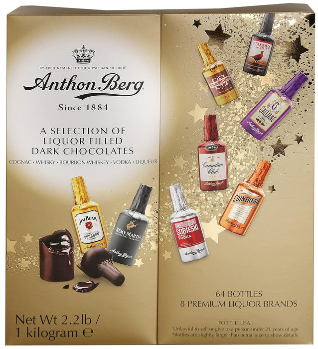 Anthon Berg Caja de Regalo con 64 Botellitas de Chocolate Negro Rellenas de Licor. Un surtido de 1kg con las mejores marcas de bebidas espirituosas para una experiencia gourmet. Anthon Berg - frontal
