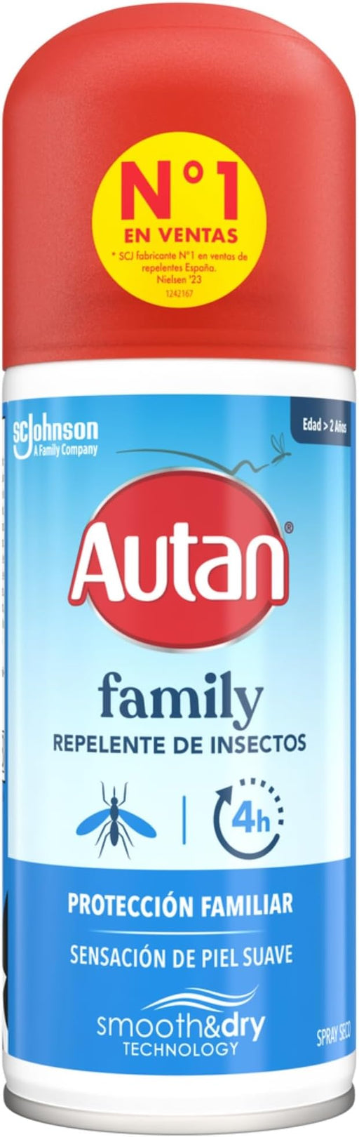 Autan Family Care Spray Seco, Repelente de Mosquitos para toda la familia, 100ml. Ofrece hasta 4 horas de protección inmediata contra picaduras con una sensación suave en la piel. Autan - frontal