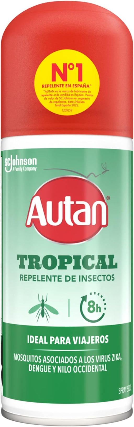 Autan Tropical Repelente de Mosquitos en Spray Seco, 100ml. Máxima protección de hasta 8 horas contra mosquitos comunes, tropicales y tigre. Ideal para viajes y zonas de riesgo. Autan - frontal
