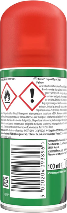 Autan Tropical Repelente de Mosquitos en Spray Seco, 100ml. Máxima protección de hasta 8 horas contra mosquitos comunes, tropicales y tigre. Ideal para viajes y zonas de riesgo. Autan - pack