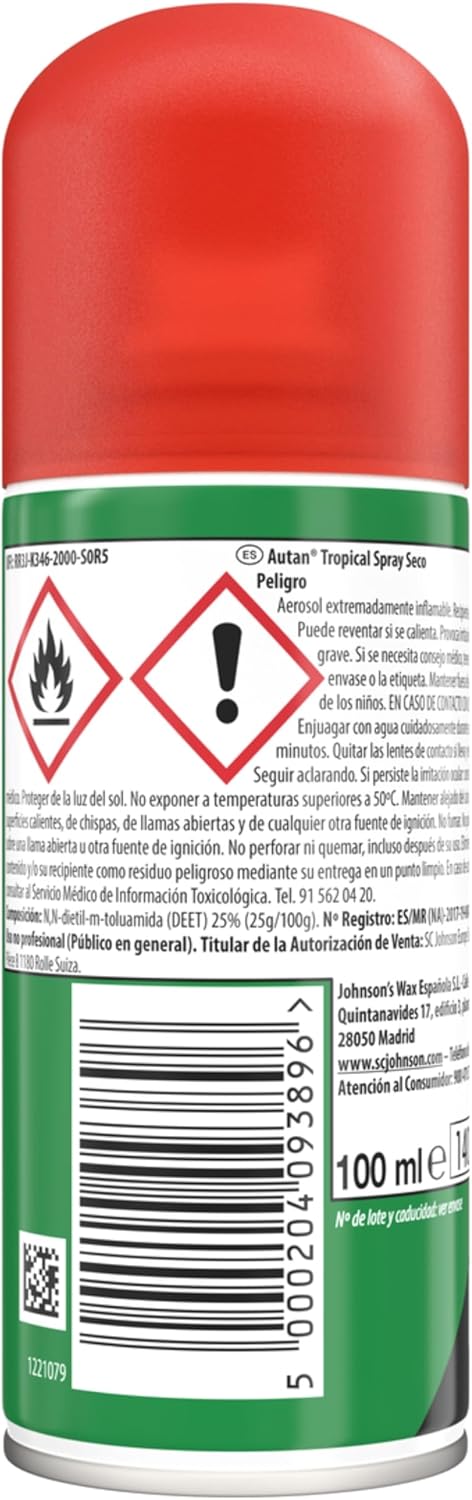 Autan Tropical Repelente de Mosquitos en Spray Seco, 100ml. Máxima protección de hasta 8 horas contra mosquitos comunes, tropicales y tigre. Ideal para viajes y zonas de riesgo. Autan - pack