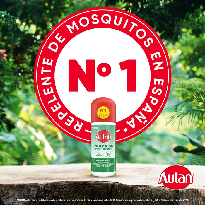 Autan Tropical Repelente de Mosquitos en Spray Seco, 100ml. Máxima protección de hasta 8 horas contra mosquitos comunes, tropicales y tigre. Ideal para viajes y zonas de riesgo. Autan - presentacion