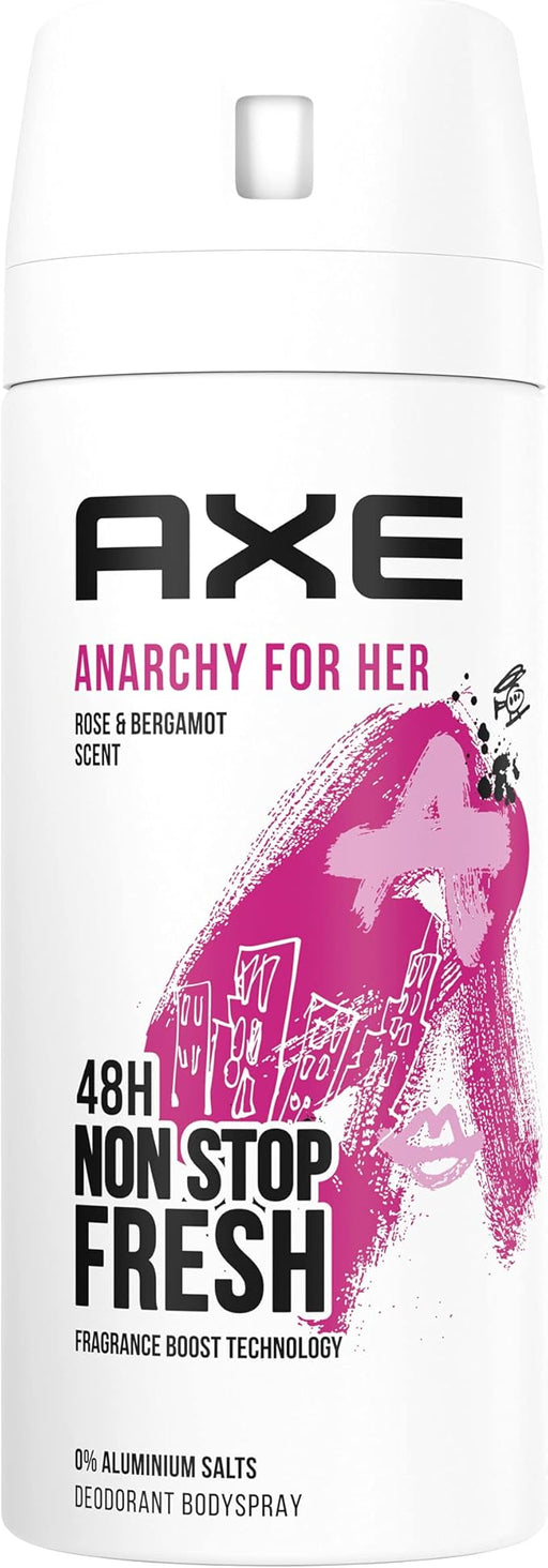 Axe Anarchy for Her Desodorante Bodyspray para Mujer (150 ml). Una fragancia femenina y seductora sin aluminio, con protección de 48 horas para una libertad total. Axe - frontal