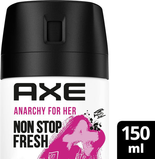 Axe Anarchy for Her Desodorante Bodyspray para Mujer (150 ml). Una fragancia femenina y seductora sin aluminio, con protección de 48 horas para una libertad total. Axe - pack