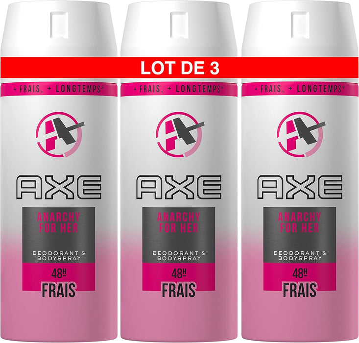 AXE Anarchy for Her Desodorante Bodyspray para Mujer, Pack de 3x150ml (450ml). Protección de 48 horas con una fragancia frutal y floral irresistible y duradera. Axe - pack