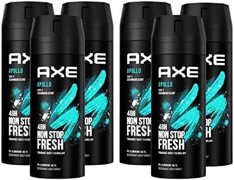 AXE Apollo Desodorante Body Spray para Hombre, Pack de 6x150ml (900ml). Fragancia clásica 0% aluminio con tecnología Dual Action para 48h de frescura y protección contra el olor. Axe - frontal