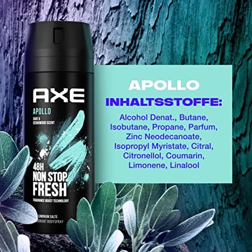 AXE Apollo Desodorante Body Spray para Hombre, Pack de 6x150ml (900ml). Fragancia clásica 0% aluminio con tecnología Dual Action para 48h de frescura y protección contra el olor. Axe - lateral