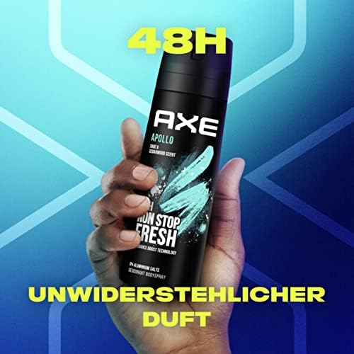 AXE Apollo Desodorante Body Spray para Hombre, Pack de 6x150ml (900ml). Fragancia clásica 0% aluminio con tecnología Dual Action para 48h de frescura y protección contra el olor. Axe - presentacion