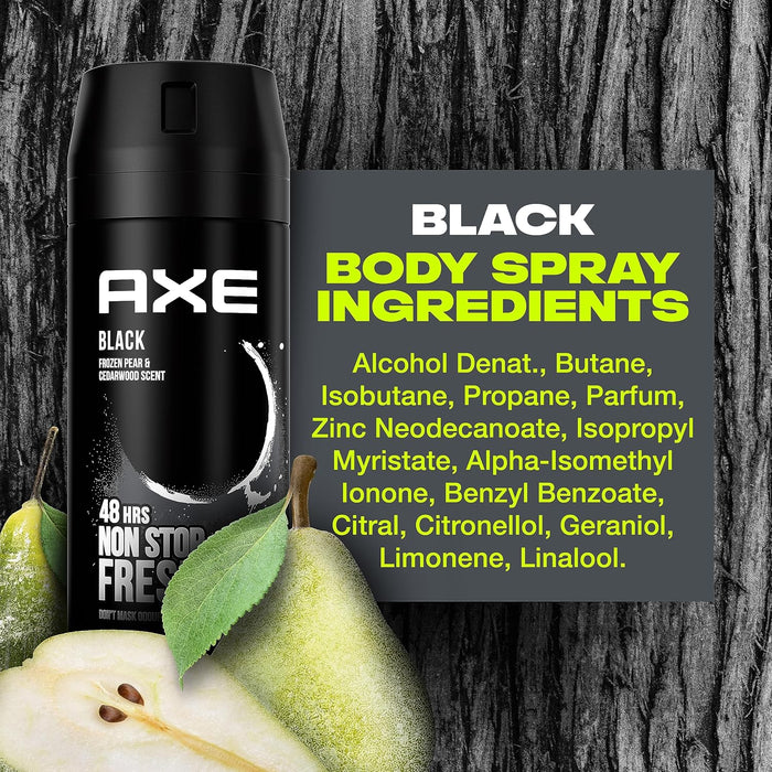 AXE Black Desodorante Body Spray 48h, Pack de 6x150ml. Fórmula 0% aluminio con tecnología Zinc Complex para una protección superior y una fragancia irresistible de bergamota y cedro. Axe - lateral