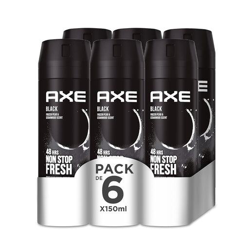AXE Black Desodorante Body Spray 48h, Pack de 6x150ml. Fórmula 0% aluminio con tecnología Zinc Complex para una protección superior y una fragancia irresistible de bergamota y cedro. Axe - frontal