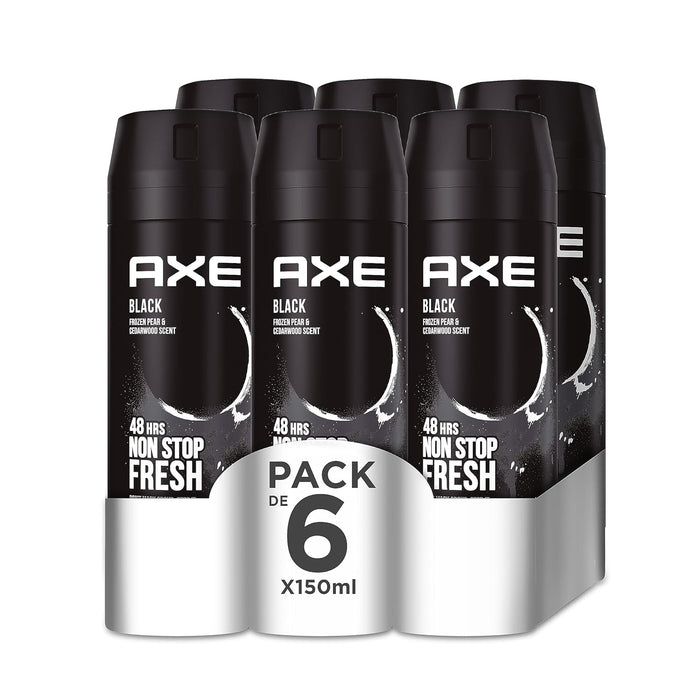 AXE Black Desodorante Body Spray 48h, Pack de 6x150ml. Fórmula 0% aluminio con tecnología Zinc Complex para una protección superior y una fragancia irresistible de bergamota y cedro. Axe - frontal