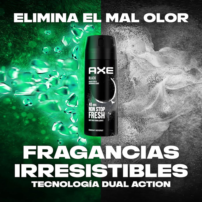 AXE Black Desodorante Body Spray 48h, Pack de 6x150ml. Fórmula 0% aluminio con tecnología Zinc Complex para una protección superior y una fragancia irresistible de bergamota y cedro. Axe - uso