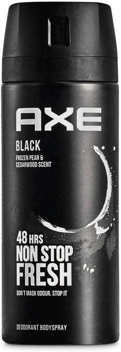 Axe Black Desodorante Bodyspray para Hombre, 150 ml. Una fragancia sutil y sofisticada con notas de bergamota, romero y madera de cedro para una frescura duradera. Axe - frontal