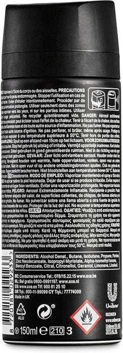 Axe Black Desodorante Bodyspray para Hombre, 150 ml. Una fragancia sutil y sofisticada con notas de bergamota, romero y madera de cedro para una frescura duradera. Axe - pack