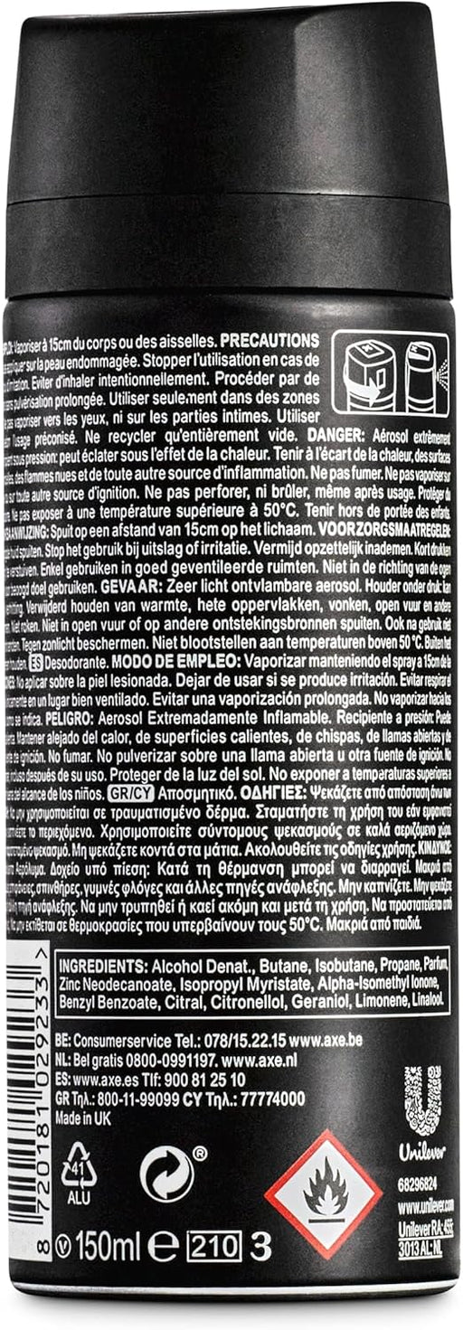 Axe Black Desodorante Bodyspray para Hombre, 150 ml. Una fragancia sutil y sofisticada con notas de bergamota, romero y madera de cedro para una frescura duradera. Axe - pack