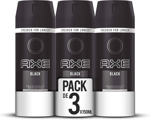 AXE Black Desodorante Bodyspray para Hombre, Pack de 3x150ml (450ml). Protección de 48h con una fragancia sutil y sofisticada de bergamota, romero y cedro. Axe - frontal