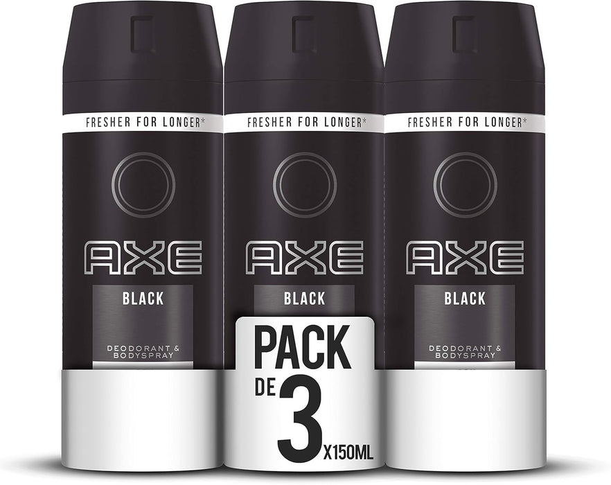 AXE Black Desodorante Bodyspray para Hombre, Pack de 3x150ml (450ml). Protección de 48h con una fragancia sutil y sofisticada de bergamota, romero y cedro. Axe - frontal