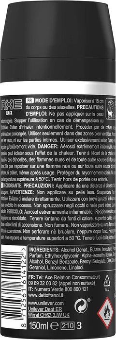 AXE Black Desodorante en Spray para Hombre, 150 ml. Una fragancia cálida y masculina que combina notas frescas de bergamota y pera con la profundidad de la madera de cedro. Axe - detalle