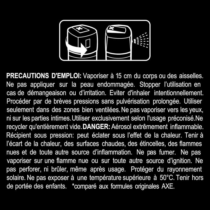 AXE Black Desodorante en Spray para Hombre, 150 ml. Una fragancia cálida y masculina que combina notas frescas de bergamota y pera con la profundidad de la madera de cedro. Axe - ingredientes