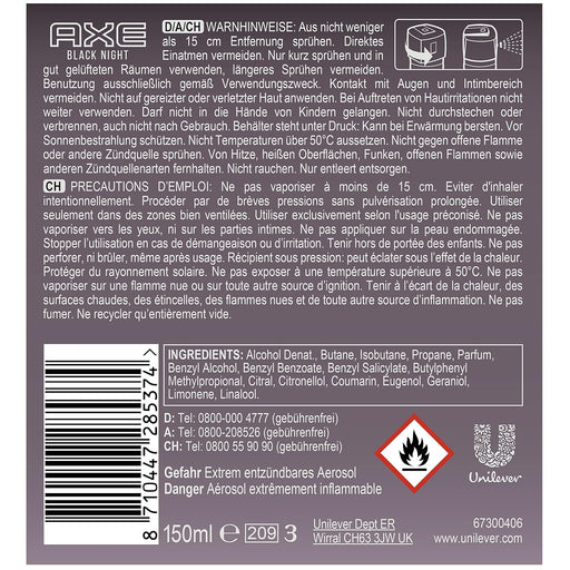AXE Black Night Desodorante en Spray sin Aluminio para Hombre, Pack de 3x150ml (450ml). Fragancia elegante y nocturna para una protección eficaz y duradera. Axe - pack