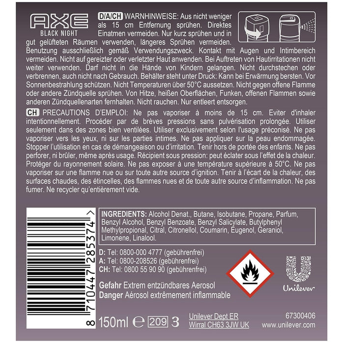 AXE Black Night Desodorante en Spray sin Aluminio para Hombre, Pack de 3x150ml (450ml). Fragancia elegante y nocturna para una protección eficaz y duradera. Axe - pack