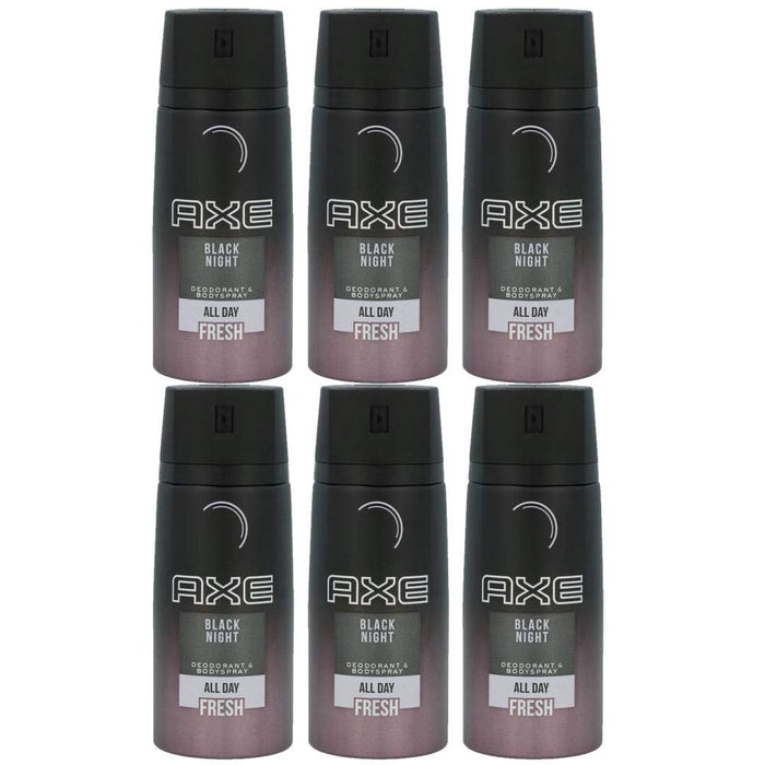 AXE Black Night Desodorante y Body Spray para Hombre, Pack de 6x150ml. Una fragancia seductora y enigmática con cardamomo, cedro y vainilla para una protección de larga duración. Axe - frontal
