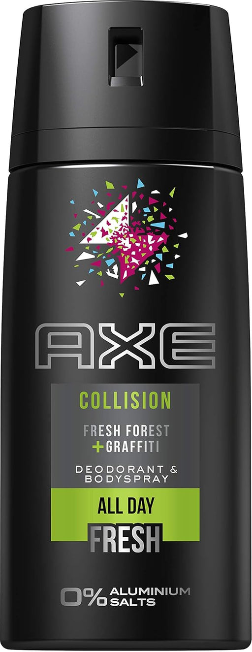 AXE Collision Desodorante Bodyspray Fresh Forest + Graffiti, sin aluminio. Pack de 3x150ml (450ml) con notas de cítricos, teca y pachuli para una frescura única. Axe - frontal