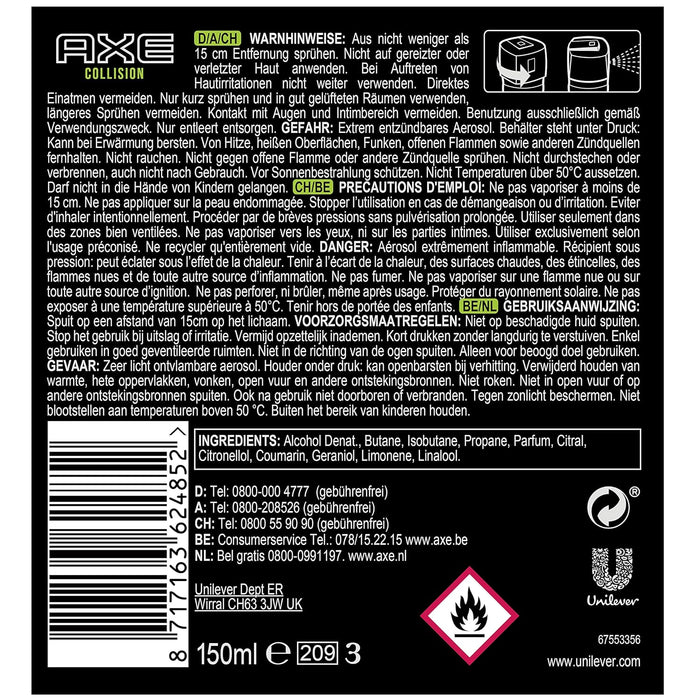 AXE Collision Desodorante Bodyspray Fresh Forest + Graffiti, sin aluminio. Pack de 3x150ml (450ml) con notas de cítricos, teca y pachuli para una frescura única. Axe - lateral