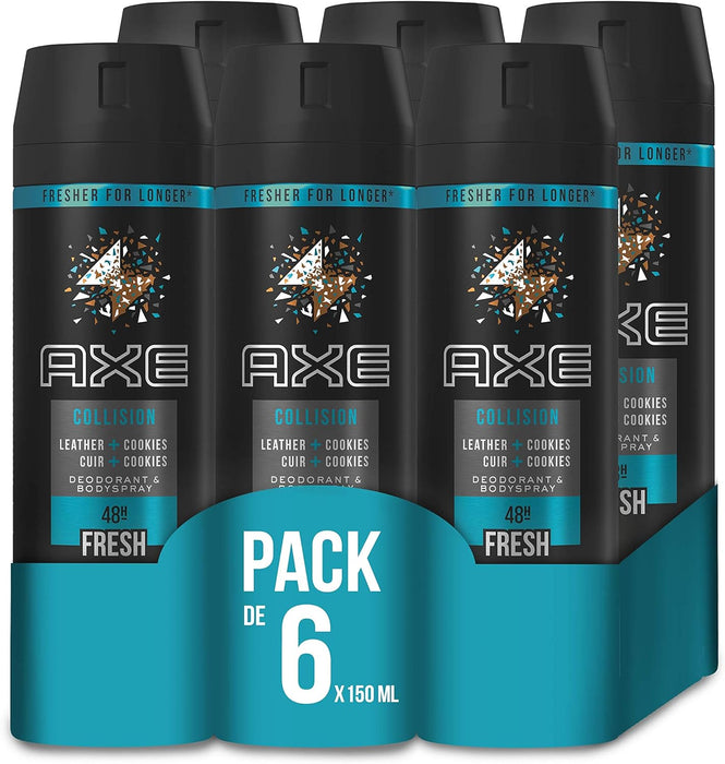 AXE Collision Leather & Cookies Desodorante Body Spray, Pack de 6x150ml (900ml). Una fragancia sofisticada con mandarina, cuero y cookies para un aroma masculino único y duradero. Axe - frontal