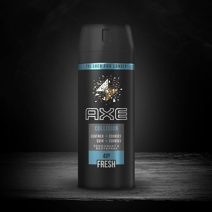 AXE Collision Leather & Cookies Desodorante Body Spray, Pack de 6x150ml (900ml). Una fragancia sofisticada con mandarina, cuero y cookies para un aroma masculino único y duradero. Axe - presentacion
