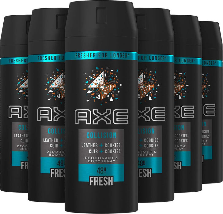 AXE Collision Leather & Cookies Desodorante Body Spray, Pack de 6x150ml (900ml). Una fragancia sofisticada con mandarina, cuero y cookies para un aroma masculino único y duradero. Axe - uso