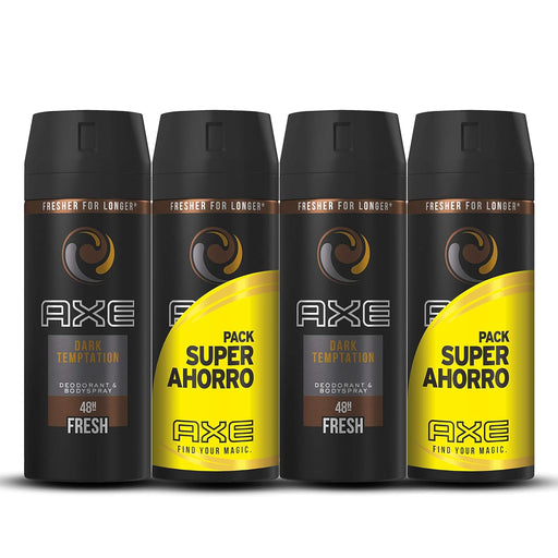 AXE Dark Temptation Desodorante Bodyspray, Pack Duplo Ahorro de 4x150ml (600ml). Una fragancia adictiva y fresca para una protección duradera contra el mal olor. Axe - frontal