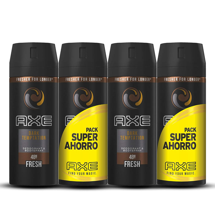 AXE Dark Temptation Desodorante Bodyspray, Pack Duplo Ahorro de 4x150ml (600ml). Una fragancia adictiva y fresca para una protección duradera contra el mal olor. Axe - frontal