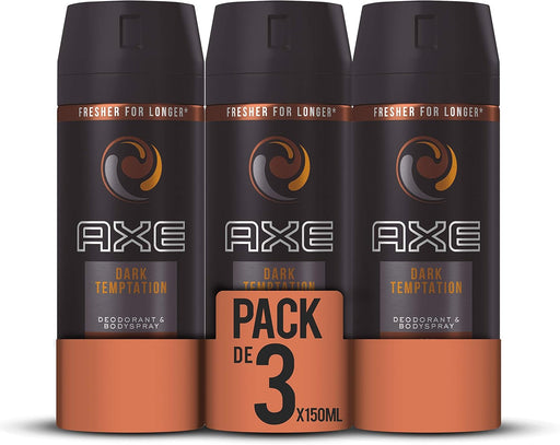 AXE Dark Temptation Desodorante Bodyspray para Hombre, Pack de 3x150ml (450ml). Fragancia irresistible de chocolate, ámbar y pimienta roja con 48h de protección. Axe - frontal