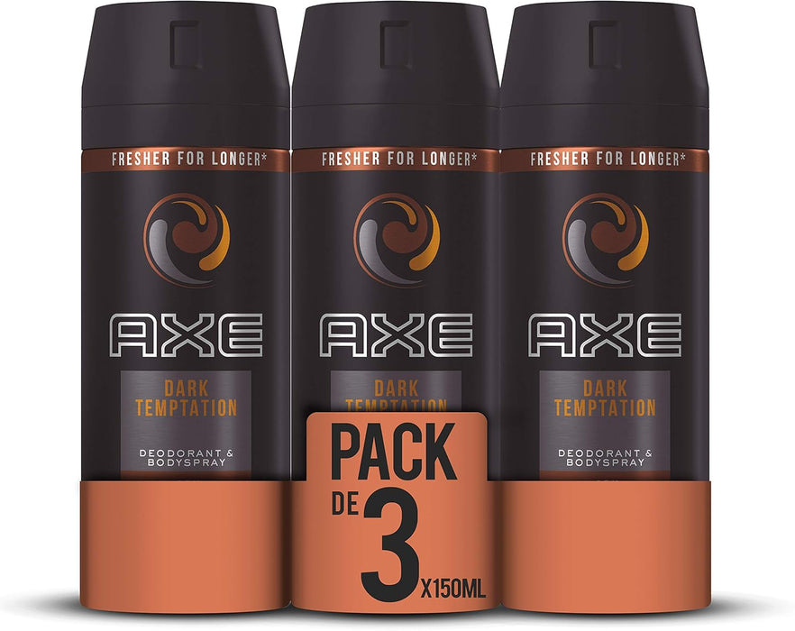 AXE Dark Temptation Desodorante Bodyspray para Hombre, Pack de 3x150ml (450ml). Fragancia irresistible de chocolate, ámbar y pimienta roja con 48h de protección. Axe - frontal