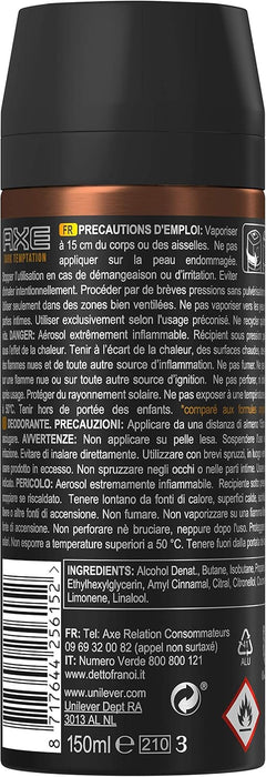 AXE Dark Temptation Desodorante y Body Spray para Hombre, Pack de 6x150ml (900ml). Una fragancia irresistible con notas de chocolate caliente, ámbar y pimienta roja para un olor duradero. Axe - lateral