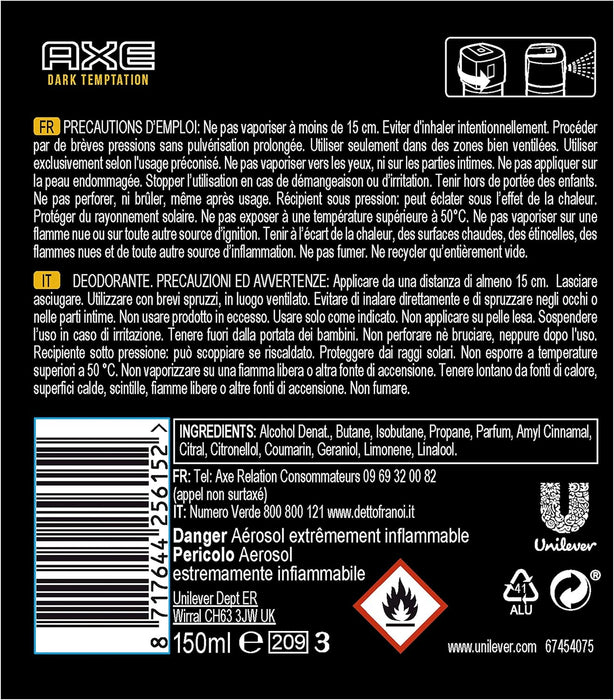 AXE Dark Temptation Desodorante y Body Spray para Hombre, Pack de 6x150ml (900ml). Una fragancia irresistible con notas de chocolate caliente, ámbar y pimienta roja para un olor duradero. Axe - presentacion