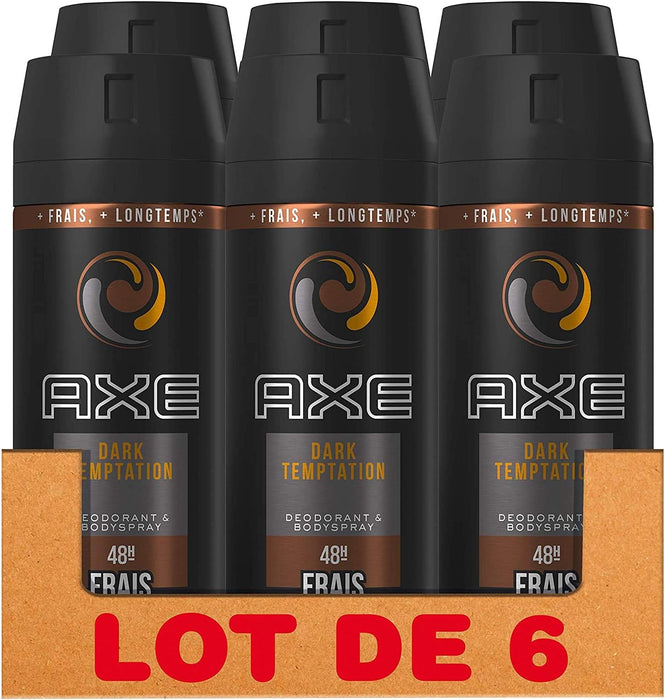 AXE Dark Temptation Desodorante y Body Spray para Hombre, Pack de 6x150ml (900ml). Una fragancia irresistible con notas de chocolate caliente, ámbar y pimienta roja para un olor duradero. Axe - extra