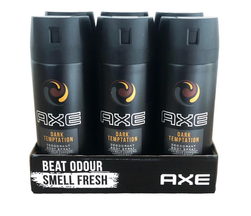 AXE Dark Temptation Desodorante y Body Spray para Hombre, Pack de 6x150ml (900ml). Una fragancia irresistible con notas de chocolate caliente, ámbar y pimienta roja para un olor duradero. Axe - frontal